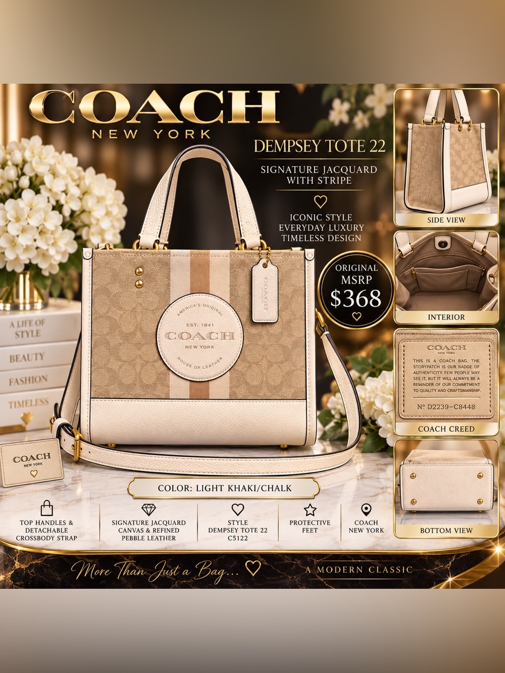 Coach Beige and White Signature Stripe Tote